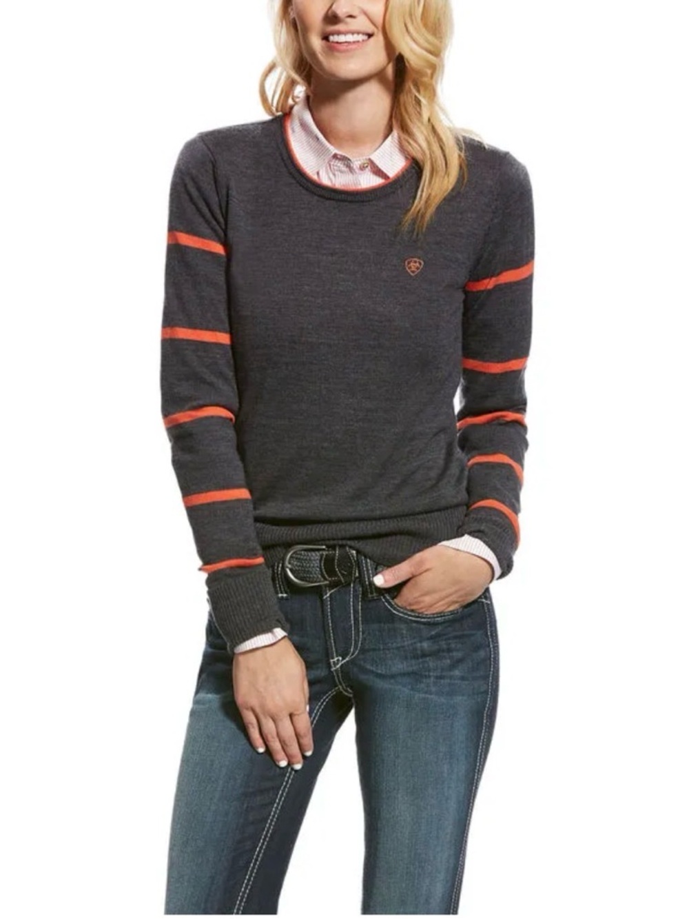 Ariat Alessio Sweater Heath Grey with orange stripes women’s size large